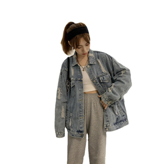 Retro Ripped Daisy Motorcycle Denim Jacket