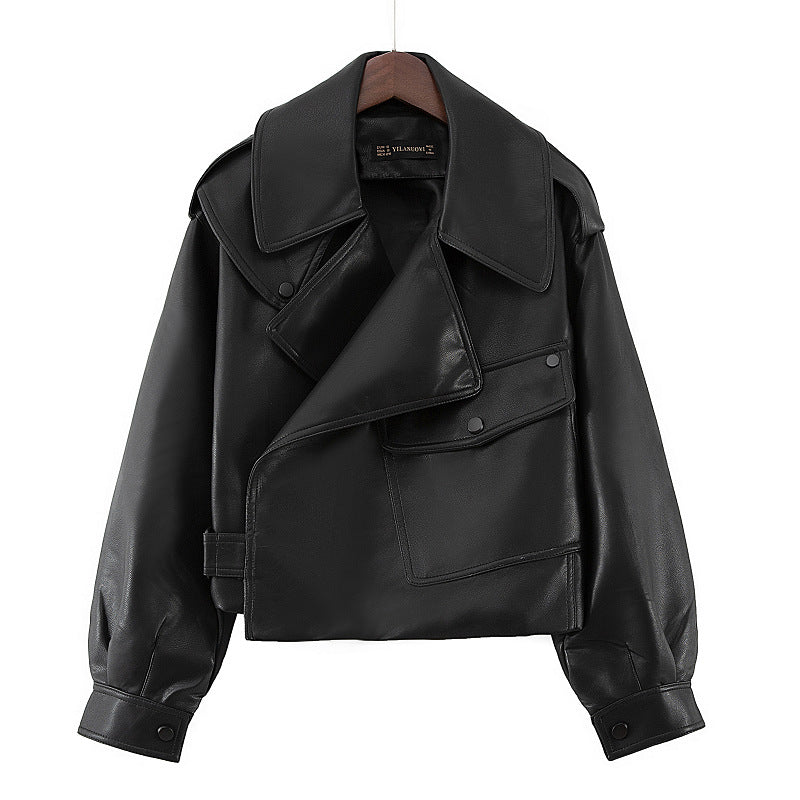Loose cropped leather jacket motorcycle jacket